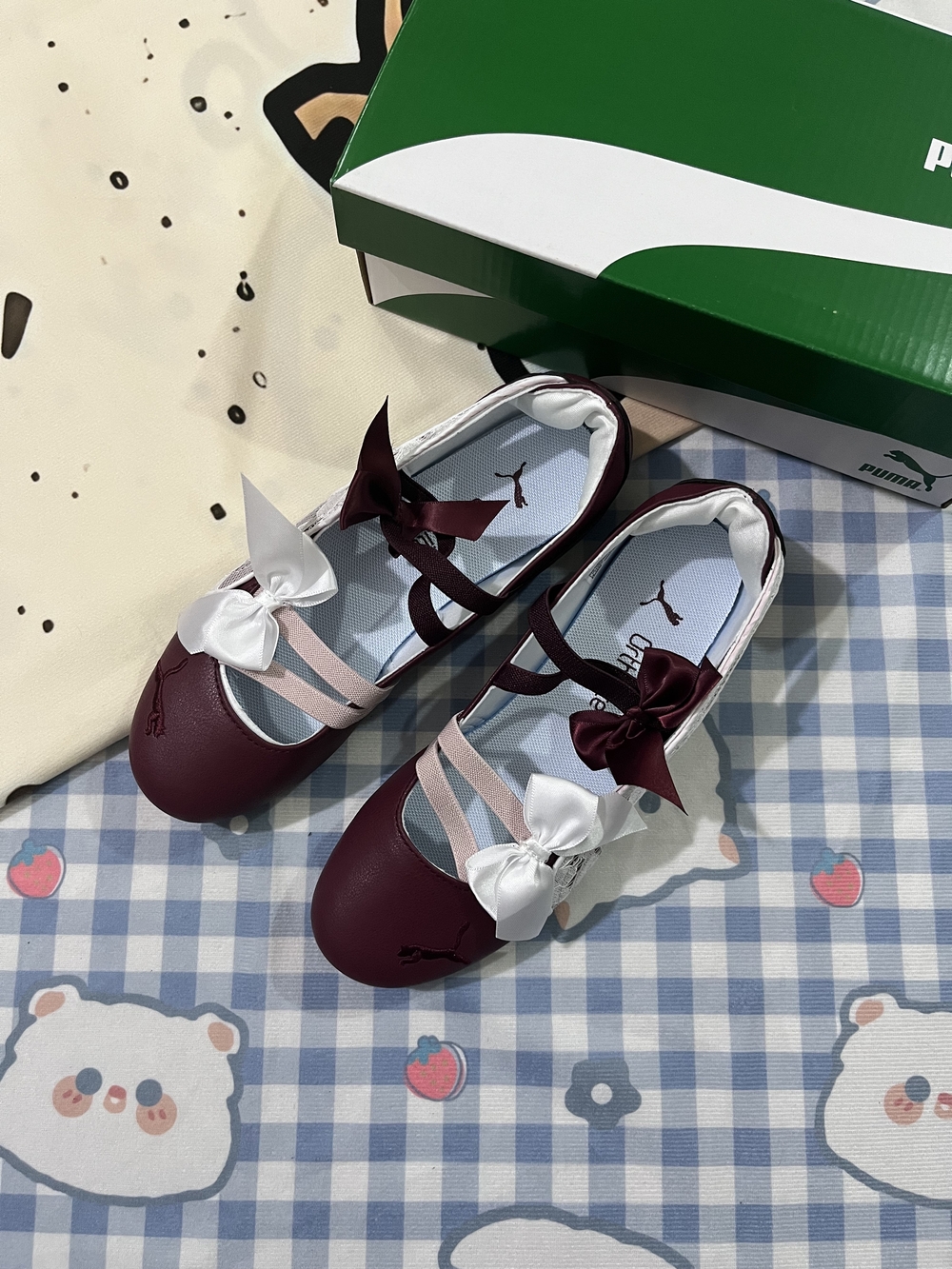 PUMA Kids Burgundy Ballet Flats with Pink & White Bows